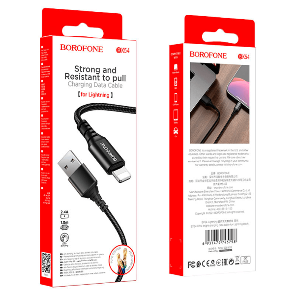 BOROFONE (BX54) 1M Fast Charging High Quality Lightning Data Sync Cable Cord For Apple iPhone iPad iPod -Black - Image 5