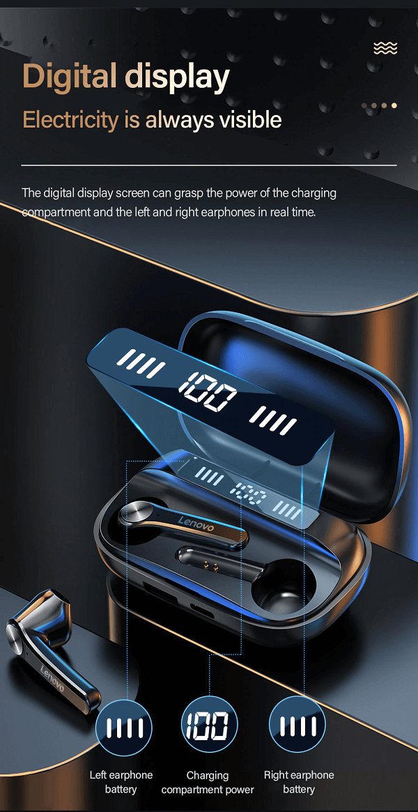 For Lenovo QT81 TWS Bluetooth 5.0 Headphones Earbuds Wireless Headsets Stereo Touch Keys 1200mAh Charging Box – Black - Image 6