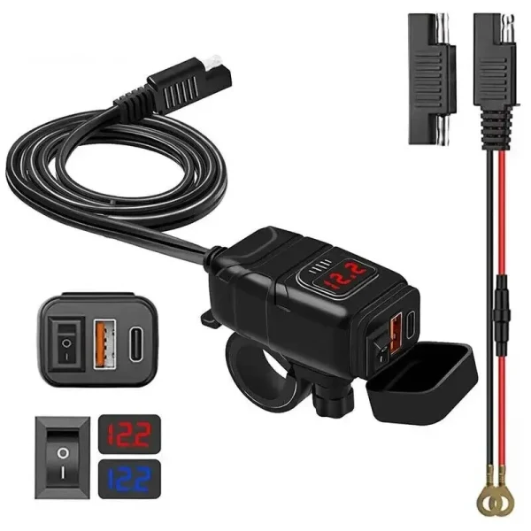 Motorcycle Dual USB Mobile Charger 12v Fast Charge With Waterproof Voltage Digit with Voltmeter USB