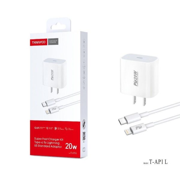 TRANYOO (AP1-L) 20W Wall Block Super Fast Charger Kit Type-c To Lightning US Standard Adaptor iPhone 14, 13, 12, 11 Pro Max, XR, iPad cable cord