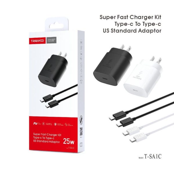 TRANYOO ( T-SA1C ) 25W Wall Block Super Fast Charger Kit Type-c To Type-c US Standard Adaptor (Black)