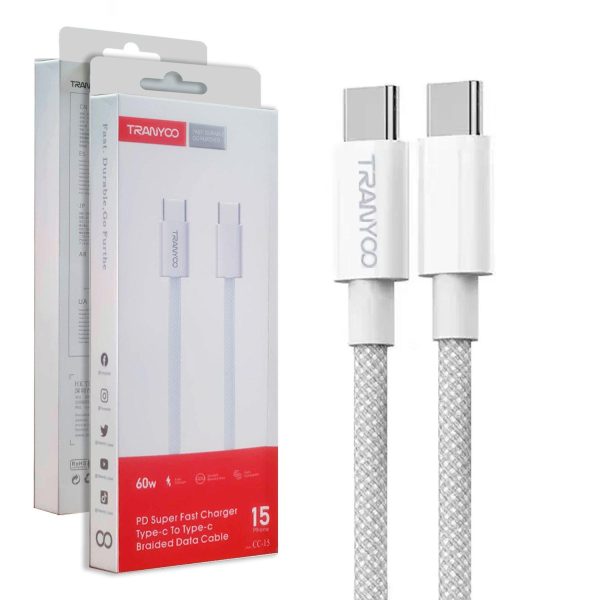 Tranyoo PD 60W Super Fast Charger USB C to Type C Braided Cable Cord For iPhone 15 Pro Max 15 Pro 15 Plus Samsung Google Nokia Android