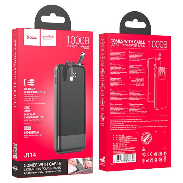 For Hoco J114 All Cable With Type-C, Micro-USB,USB-A port Digital Display 10000mAh Power Bank – Black - Image 2